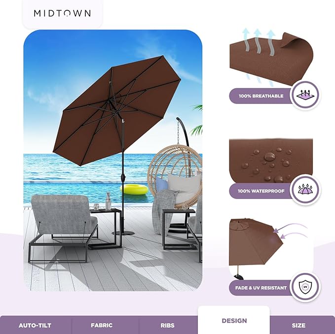 Midtown Umbrellas Sunbrella Umbrella 8 Feet Outdoor Umbrella With Sunbrella Bay Brown Acrylic Fabric - Auto-Tilt Aluminum Frame Patio Umbrella For Backyard, Deck, Garden, Pool - Black Pole