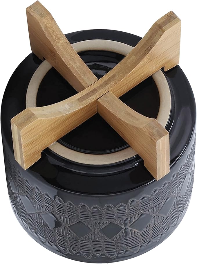 Sagebrook Home Black and Gray Aztec Design Ceramic Planter with Solid Rubberwood Stand for Tabletop Display in Living Room, Bedroom, or Office