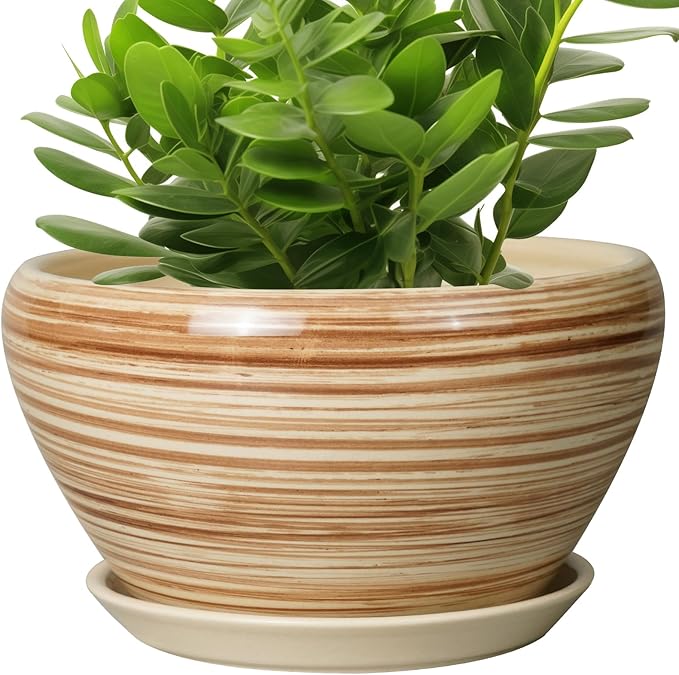 Ceramic Pot for Plants 11 Inch - Planter for Outdoor Plants Indoor Plant Pot with Drainage Hole and Saucer Large Planter Round Flower Pot for House Patio Garden Yellow