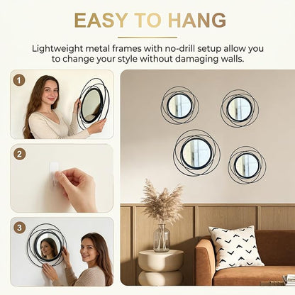 4 Piece Gold Round Wall Mirror Set Modern Metal Circle Home Decor - Image 3