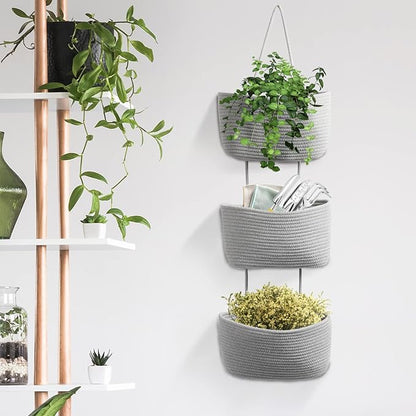 TeoKJ Over the Door Hanging Basket, 3-Tier Woven Cotton Wall-Mounted Storage - Image 5