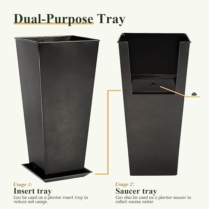 WORTH Garden 25" Large Metal Glazed Planter Set of 2, Luxurious Glossy Finish Black Tall Square Tapered Steel Plant Pots, Decor Flower Pot Indoor & Outdoor, Drainage Hole & Dual-Purpose Plant Saucer