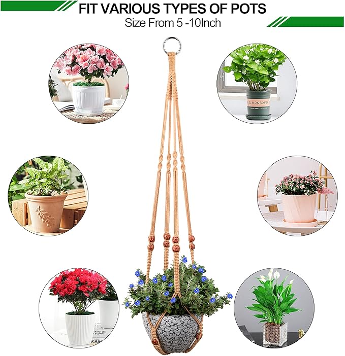RIFNY Macrame Plant Hanger for 5 to 10 Inch Plant Pots, 35 Inch Woven Rope Hanger Kits with Hooks and Wood Beads, Hanging Planter Basket for Indoor Boho Home Decor (Brown, 3 Pack)