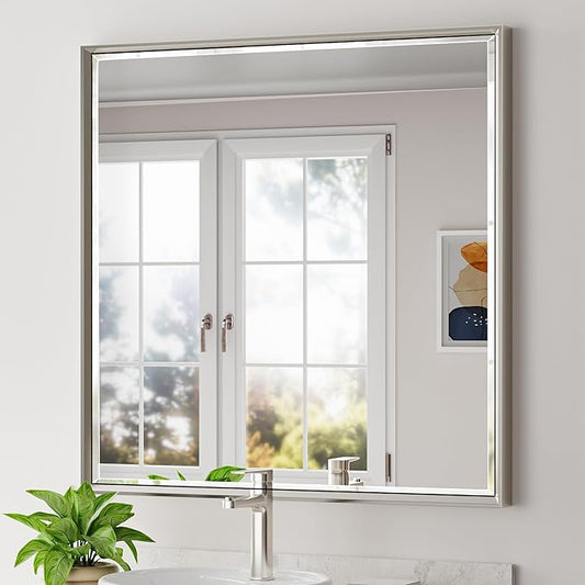 Brushed Nickel Bathroom Mirror, Bathroom Mirrors by QUEENFUN