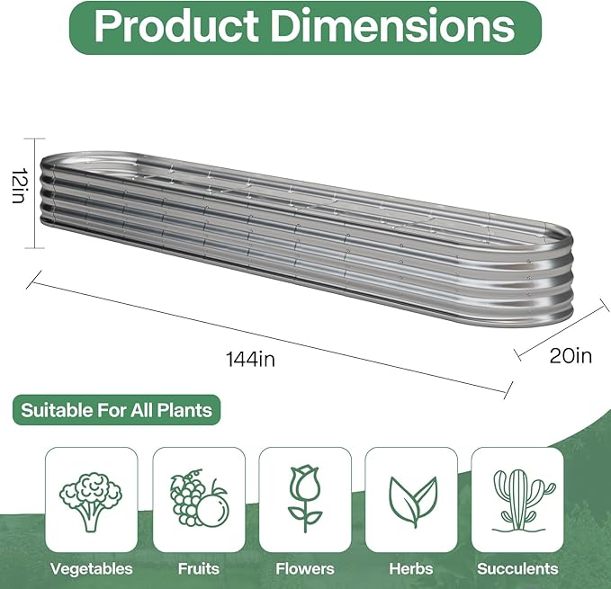 Galvanized Raised Garden Bed Kit, Galvanized Planter Garden Boxes Outdoor, Oval Large Metal for Vegetables,Flower,12x1.8x1FT