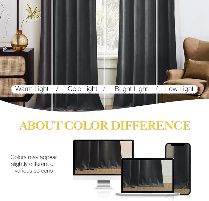 NICETOWN Grey Luxury Velvet Curtain Panels 96 inches Long 2 Panels, Home - Image 9
