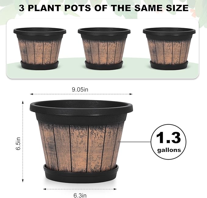Quarut Plant Pots Set of 3 Pack 9 inch,Whiskey Barrel Planters with Drainage Holes & Saucer.Plastic Decor Flower Pots Imitation Wine Barrel Design,for Indoor & Outdoor Garden Home Plants (Brown)