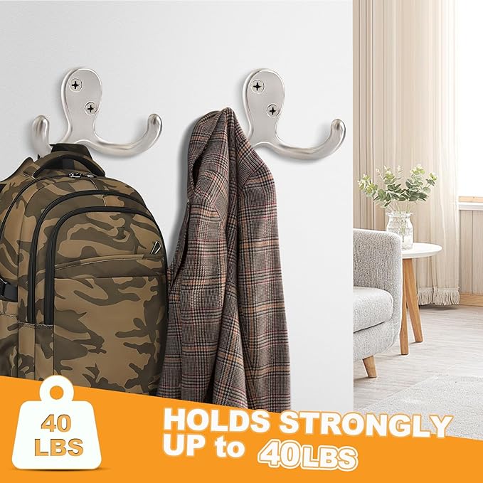 15 Pack Coat Hooks Wall Hooks for Hanging, Heavy Duty Double Prong Metal Hook - Image 3