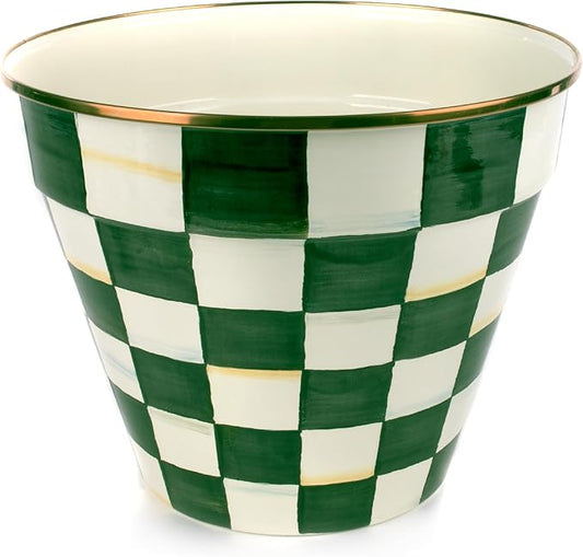 MACKENZIE-CHILDS Enamel Garden Pot, Decorative Pot for Plants, Outdoor Flowerpot Decor, Extra Large, Green-and-White Emerald Check