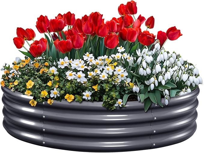 KING BIRD Raised Garden Bed Galvanized Round Planter Box Outdoor for Gardening, Plants, Vegetables, Flowers, Dark Grey, 47x47x12 in