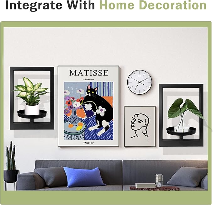 Picture Frame Plant Holder, Wall Mount Plants shelf Indoor Outdoor, Metal Hanging Planters Stand Decor, Window Planter Hanger Shelves, Modern Floating Ornament Rack Art for Home & Garden((Black 2pc))