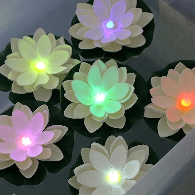 12 PCS Floating Lotus Lights - Artificial LED Lotus Waterproof Battery Operated Water Activated Color Changing Fake Lily Pad Lights for Pool Pond Lantern Garden Outdoor Decor