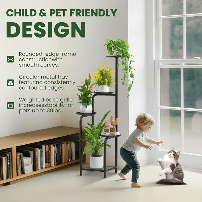 TOSKING 5 Tier Tall Plant Stand Indoor Outdoor, Heavy Duty Corner Shelf for Plants & Decor, Space Saving 3.9FT Metal Flower Pot Stand for Balcony, Garden, Living Room, Patio (Black, 47in)