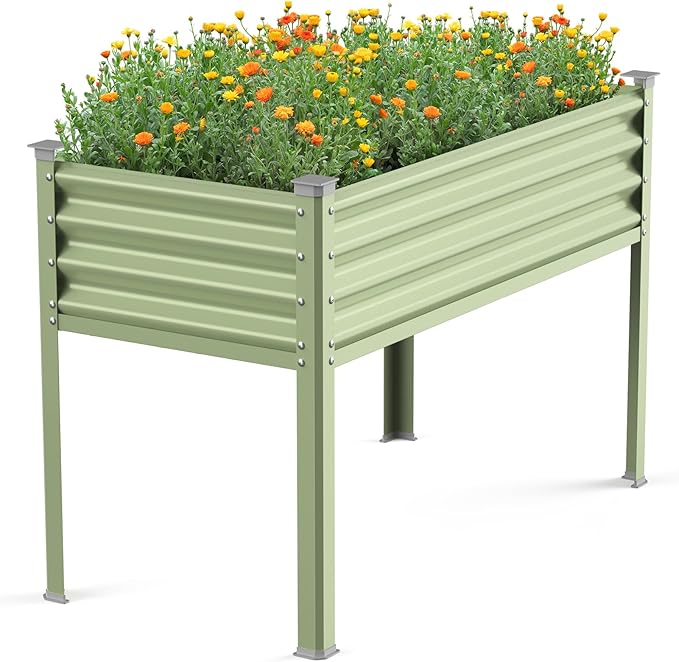 Raised Garden Bed with Legs, 48×24×32in Large Galvanized Elevated Planter Box, Metal Raised Beds for Gardening Backyard Patio Balcony, 400lb Capacity (Olive Green)