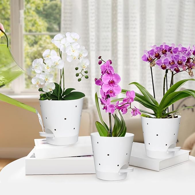 Orchid Pots with Holes, 6 Inch Self Watering Orchid Pot 2 Pack Plastic Plant Pots for Orchid, Flower (White)