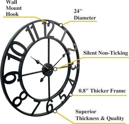CLXEAST 24 Inch Wall Clocks for Living Room Decor, Large Black Metal Wall Clock - Image 2