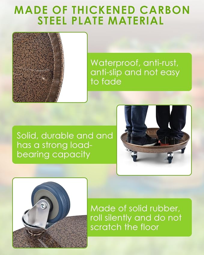 PACETAP 2Pack 15.7'' Large Plant Stand with Lockable Wheels, Heavy-Duty Plant Caddy with Casters for Indoor and Outdoor, Round Rolling Plant Stands Garden Pot Mover to Carry Potted Flower Pot