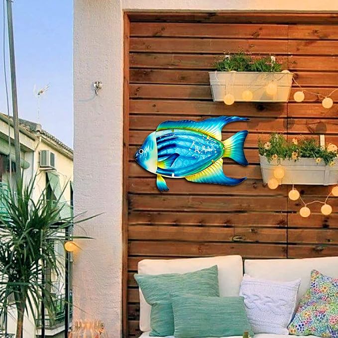 John's Studio Fish Sea Wall Decor Outdoor Metal Garden Hanging Art Glass Sculptures Home Ocean Theme Decorations for Kitchen Bathroom and Pool - Blue