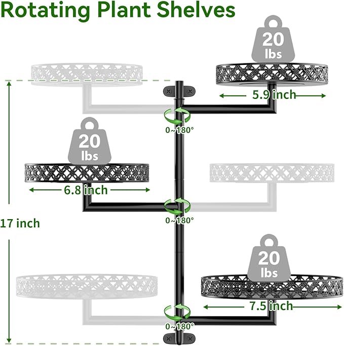 OVICAR Rotating Window Plant Shelves - Indoor Wall Plant Stand 3-Tier Floral Metal Window Shelf Holder for Multiple Plants with Hanging Hooks Home Decor Black