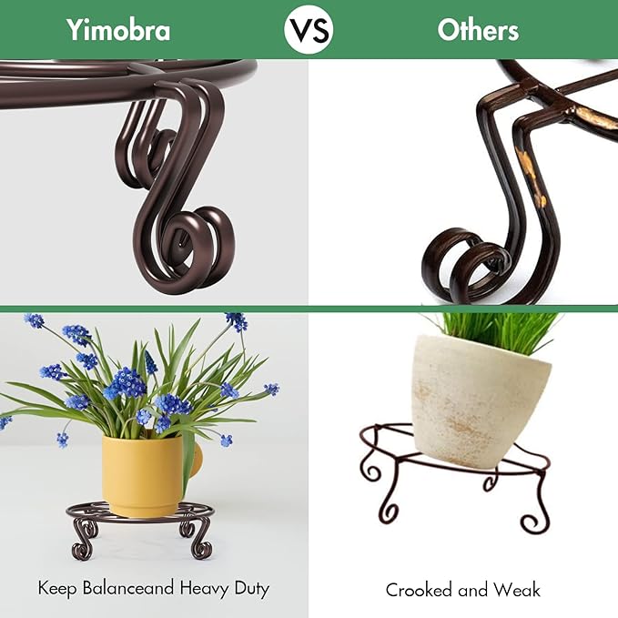 Yimobra 4 Pack Plant Stand for Flower Pot Heavy Duty Potted Holder Indoor Outdoor Metal Rustproof Iron Garden Container Round Supports Rack for Planter (4PC Brown 9.4 x 2 IN)