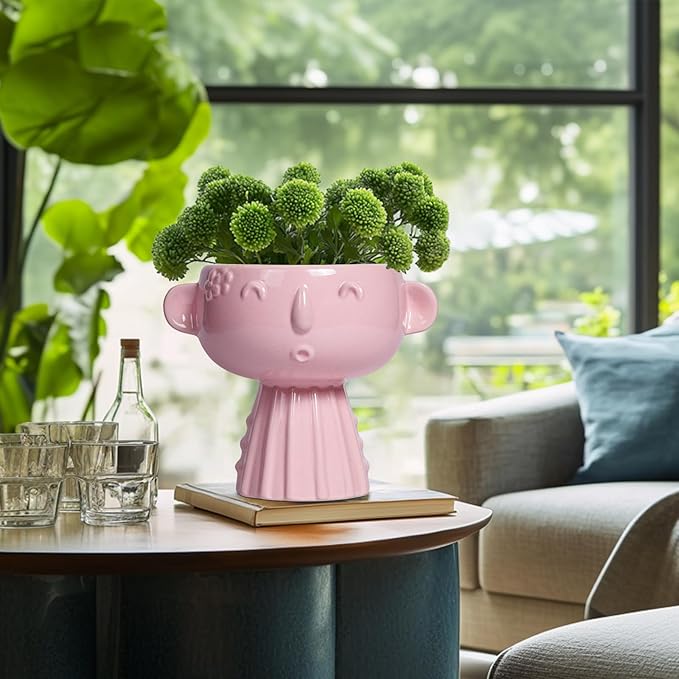 Face Pots for Plants - 7 Inch Ceramic Face Planters Pots Head for Indoor Outdoor, Small Funny Succulent Planters with Drainage Hole, House Room Apartment Decor, Gifts for Women, Bright Pink