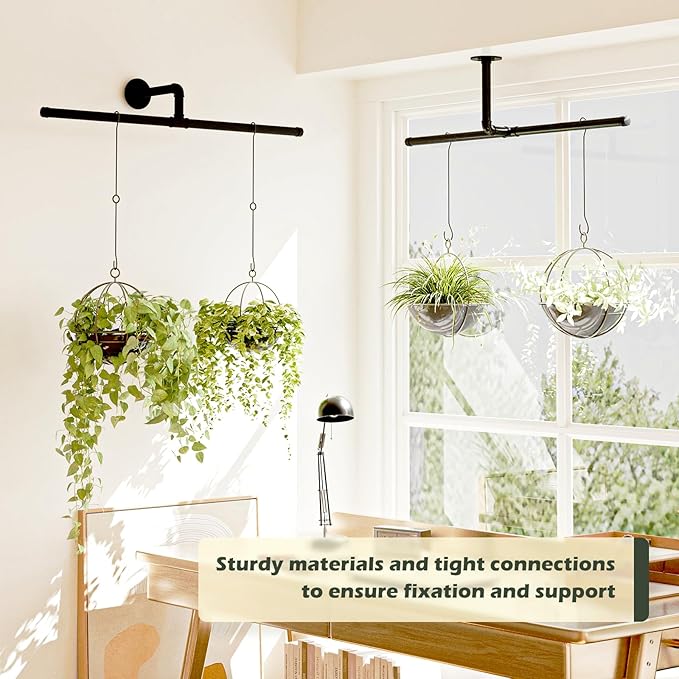 T-Shape Hanging Planters for Indoor Plants Plant Hanger Indoor Window Plant Shelves Hanging Plant Holder Black Metal Rod Ceiling Wall Mount(Pot & Plant Not Included)