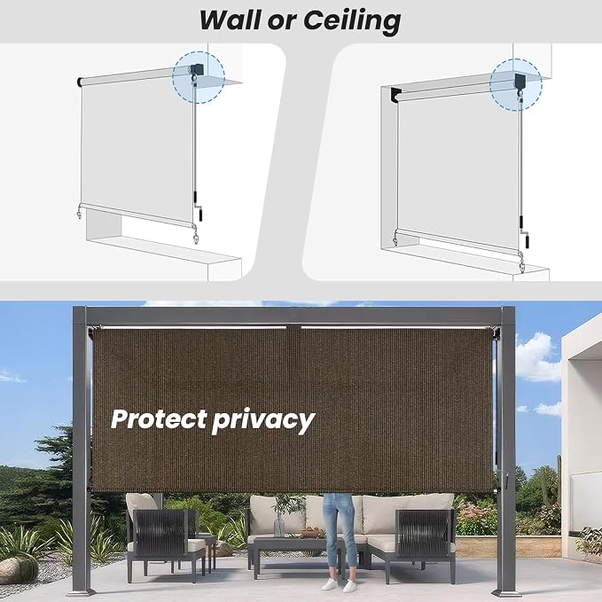 7'W x 6'H Mocha Patio Shades Roll up Outdoor Roller Shade Crank Wand Blind - Image 6