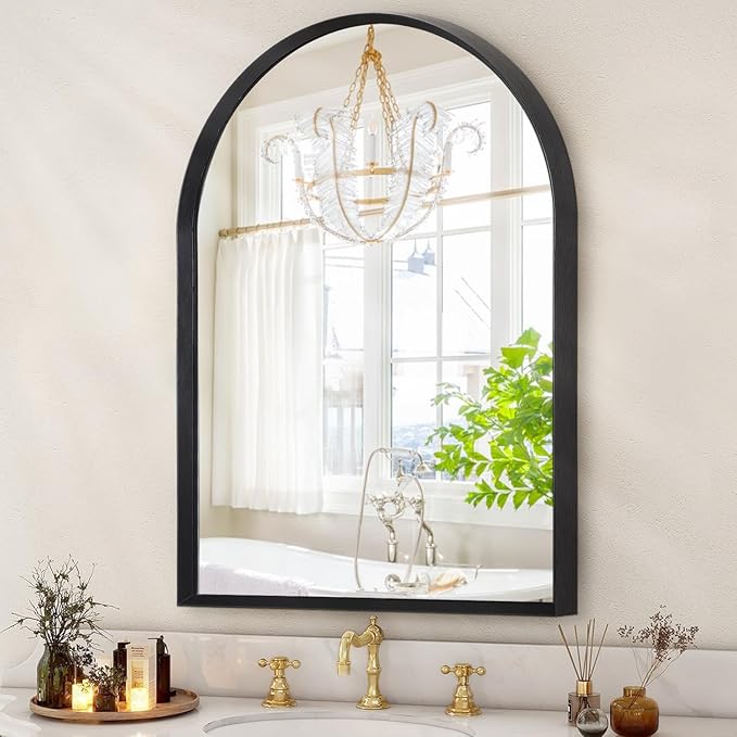 Black Arched Mirror, Modern Bathroom Wall Mirror Aluminum Alloy Framed Mirror by HLFMVWE