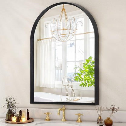 Black Arched Mirror, Modern Bathroom Wall Mirror Aluminum Alloy Framed Mirror by HLFMVWE