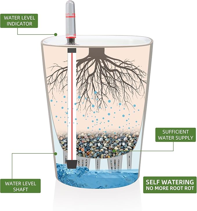 Dexceder 6x7 Self Watering Planter Indoor Outdoor, High Gloss Table Flower Plant Pot with Water Level Indicator (Taupe)