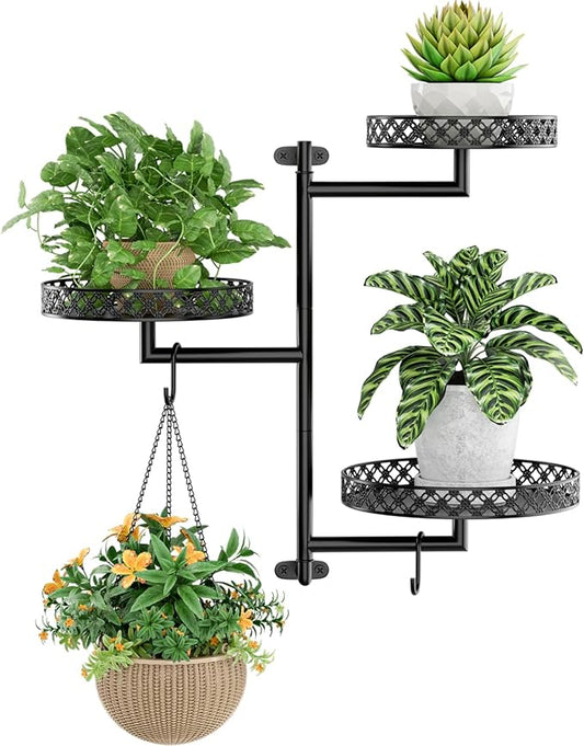 OVICAR Rotating Window Plant Shelves - Indoor Wall Plant Stand 3-Tier Floral Metal Window Shelf Holder for Multiple Plants with Hanging Hooks Home Decor Black