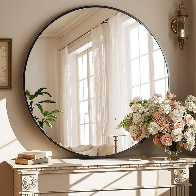 XRAMFY 42 Inch Round Black Metal Wall Mirror by XRAMFY
