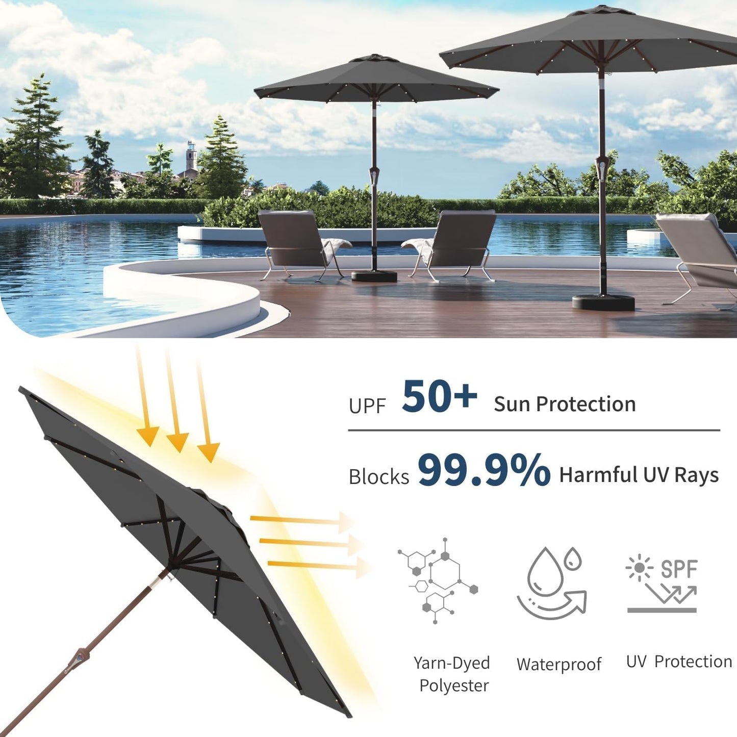 10FT Solar Umbrella 32 LED Lighted Patio Umbrella Table Market Umbrella w/Tilt and Crank, UV-Resistant Outdoor Umbrella for Pool, Garden, Deck, Gray