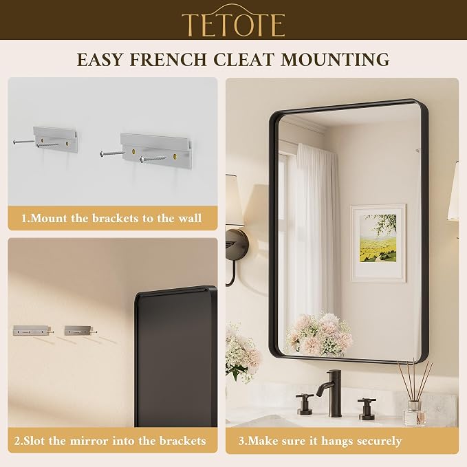 TETOTE 40 x 30 Inch Black Frame Mirror, Bathroom Vanity Mirror - Image 7