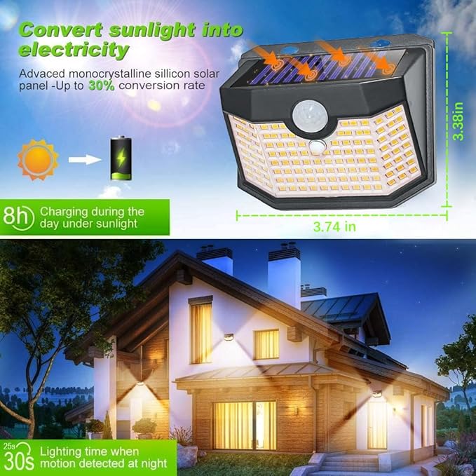 HMCITY 120 LED Outdoor Solar Lights- with Motion Sensor and 3 Lighting Modes, IP65 Waterproof Wide Solar Wall Lights Ideal for Garden Patio Yard (Front Button 6Packs, Warm White)