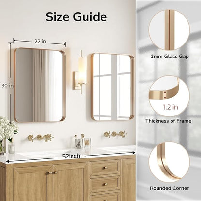 USHOWER Gold Bathroom Mirrors 22"x30" 2 Pack, Brushed Gold Rounded Rectangle - Image 2