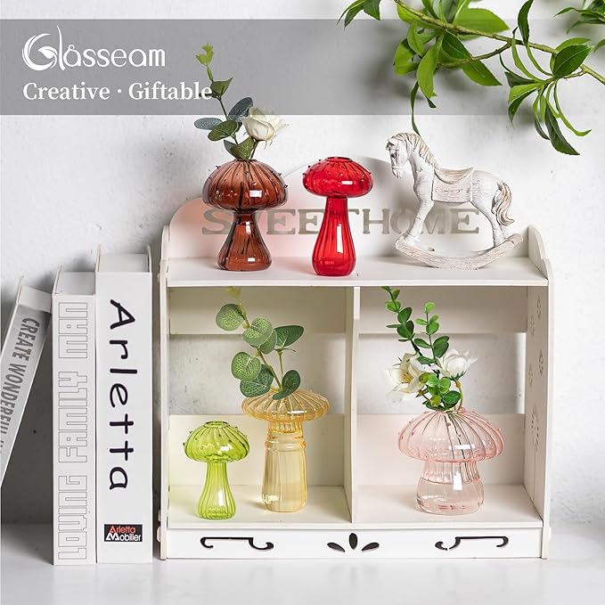 Glasseam Mushroom Glass Planter, Set of 5 Colored Plant Propagation Station, Mini Terrarium for Plants, Unique Small Glass Vase for Flowers, Cute Hydroponic Indoor Planters Gifts for Women Room Decor