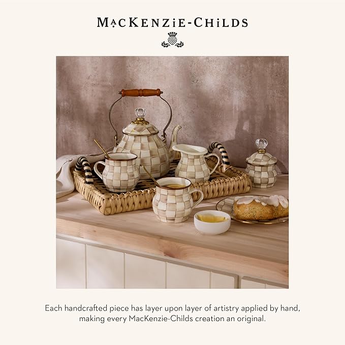 MACKENZIE-CHILDS Enamel Garden Pot, Decorative Pot for Plants, Outdoor Flowerpot Decor, Small, Brown-and-White Mocha Check