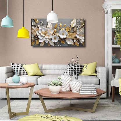 Large Living Floral Canvas Wall Art Gold White Plant Abstract Decor painting - Image 3