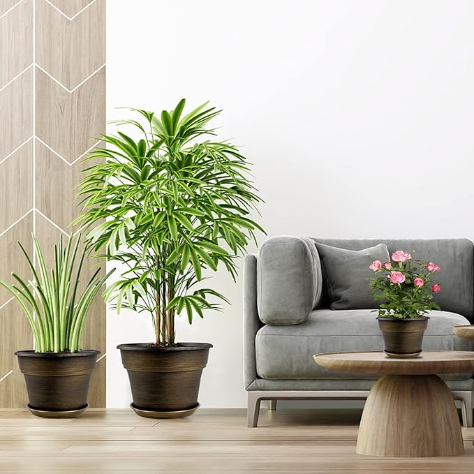 Plant Planters Pots Set of 4 Pack 13 Inch，Large Plastic Flower Pot for Indoor Plants with Drainage Holes & Trays, Resin Decorative Container Sets with Saucer for House Outdoor Garden Plant Dark Gold