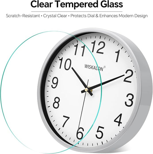 WISKALON 10 Inch Wall Clock, Silent Non-Ticking Round Silver Frame Clock - Image 2