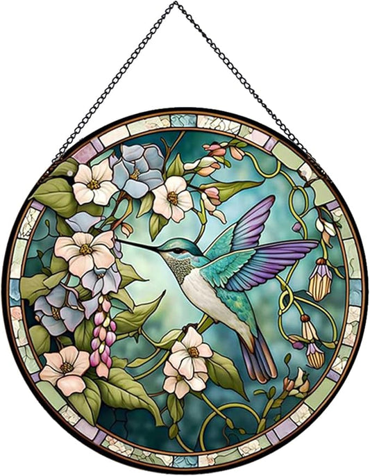 Hummingbirds and Flowers Pattern Stained Glass Suncatchers for Windows,Hanging Stained Glass Suncatcher,20cm/7.87inch Hand-Painted Sun Catcher Garden Painted Glass Panel Decor Themed Gift