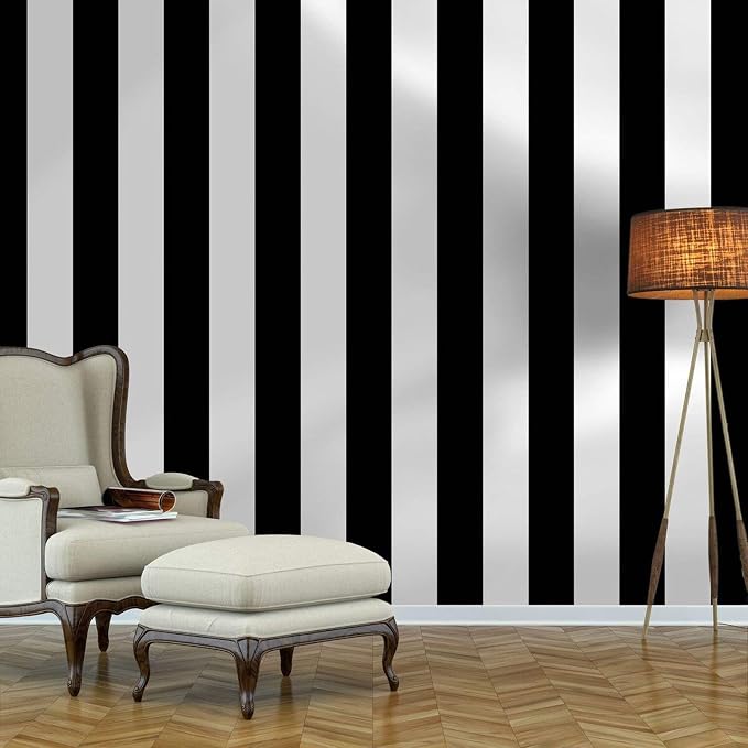 Guvana 472.4"x17.7" Striped Peel and Stick Wallpaper Black and White by Guvana