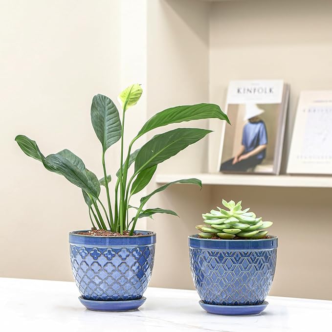 Sureasy Ceramic Indoor Plant Pots - 5.6 Inch Flower Pots for Plants with Drainage Hole and Saucer, Embossed Planter for Succulents, Orchid, Cactus, Indoor Home Decor, Set of 4, Blue