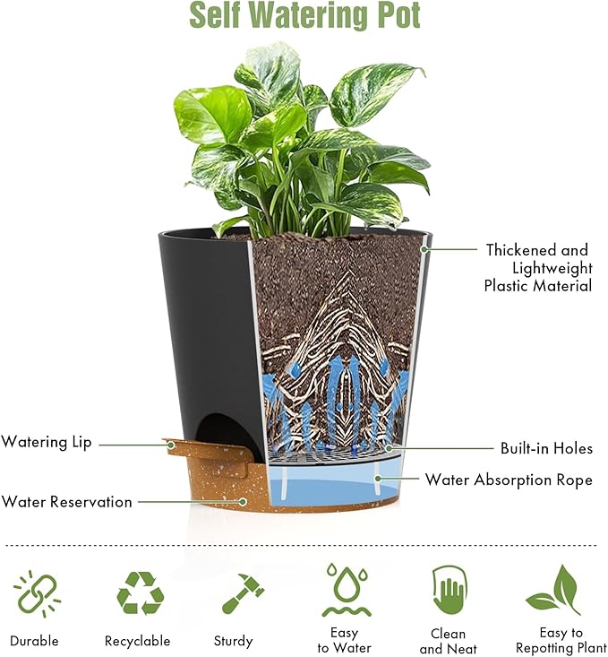 4 inch Self Watering Pots for Indoor Outdoor Plants, 6 Pack Plastic Flower Planters with Drainage Holes and Removable Saucers, Plant Pots with Wicking Rope, Modern Decor, Black Brown