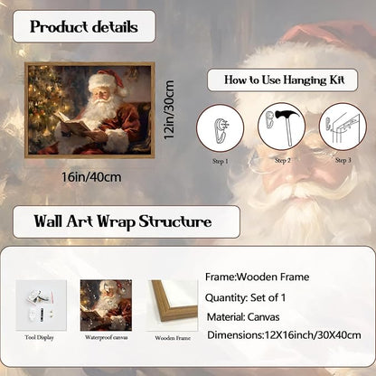 Framed Vintage Christmas Canvas Wall Art, Santa Claus Reading Book Paintings - Image 5