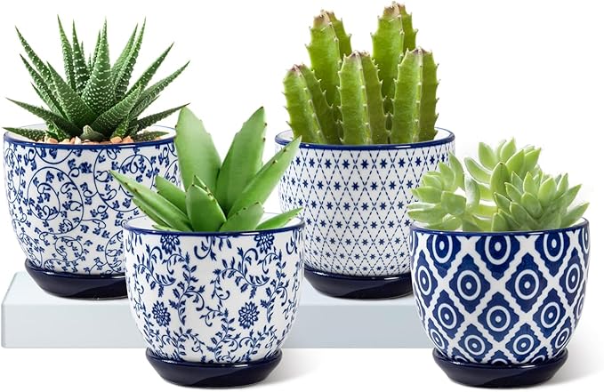 Ceramic Succulent Planter Pots - 3.5 Inch Small Flower Pot with Drainage Holes and Saucers for Indoor Plant, Cactus, Herbs, Outdoor Plants, Home Decor, Set of 4, Vintage Blue