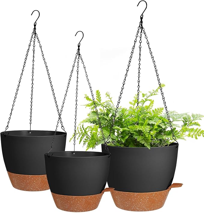10/9/8 Inch Hanging Planter for Indoor Outdoor Plants, 3 Pack Self-Watering Hanging Pot with Drainage Holes Hanging Planter Baskets Plant Pots with Removable Tray (Black+Brown)