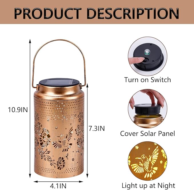 Hummingbird Solar Lanterns Outdoor Waterproof, Metal Hanging Lights Decorations for Garden Yard Lawn Patio, Unique Hummingbird Gifts for Women Mom Grandma Sister for Mother'Day Christmas