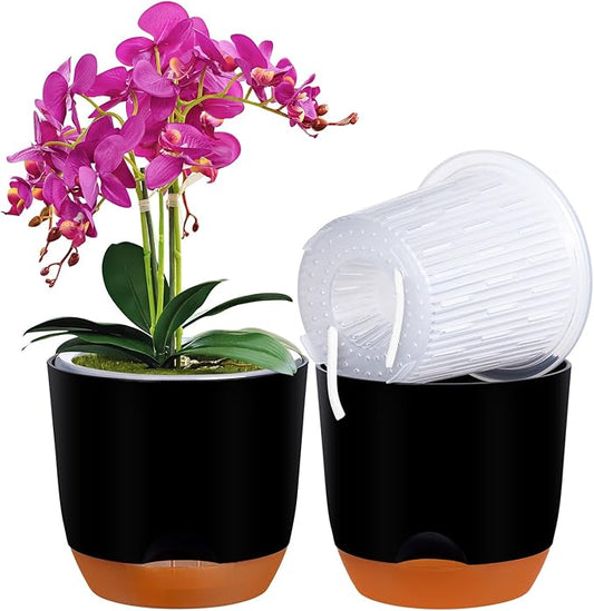 QCQHDU 2 Pack Orchid Pots with Holes for Repotting, Double-Layer and Self Watering Orchid Pot with Good Air Circulation